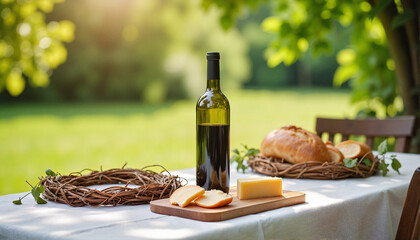 Naklejka premium Wine bottle and cheese on table in sunny outdoor setting, Trifon Zarezan theme