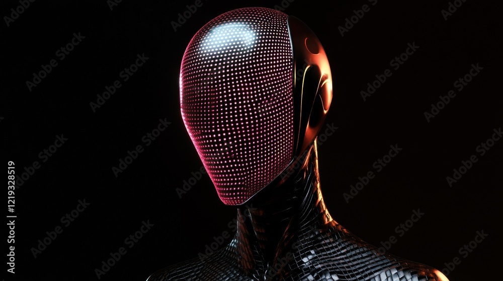Poster robotics concept with head of robot mannequin overtightened with glowing mesh on dark blank backgrou