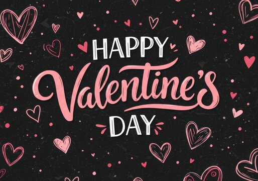 Valentine's Day typography, hand-lettered text, romantic calligraphy, pink and black color scheme, heart illustrations, scattered confetti, textured background