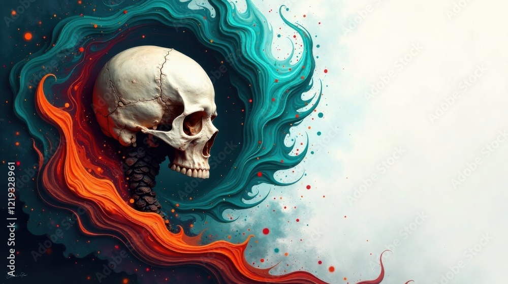 Poster abstract skull in teal and orange swirls a contemplative composition of mortality and transformation