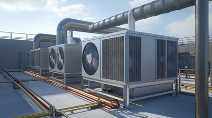 Commercial air conditioning and ventilation units installed on the roof of an industrial building