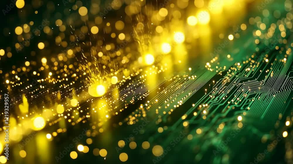 Fototapete experience a dazzling cascade of golden lights streaming over intricate green circuit patterns. this