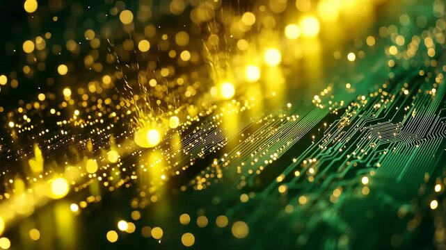 Experience a dazzling cascade of golden lights streaming over intricate green circuit patterns. This video captures the synergy of light and technology in an awe-inspiring visual symphony.