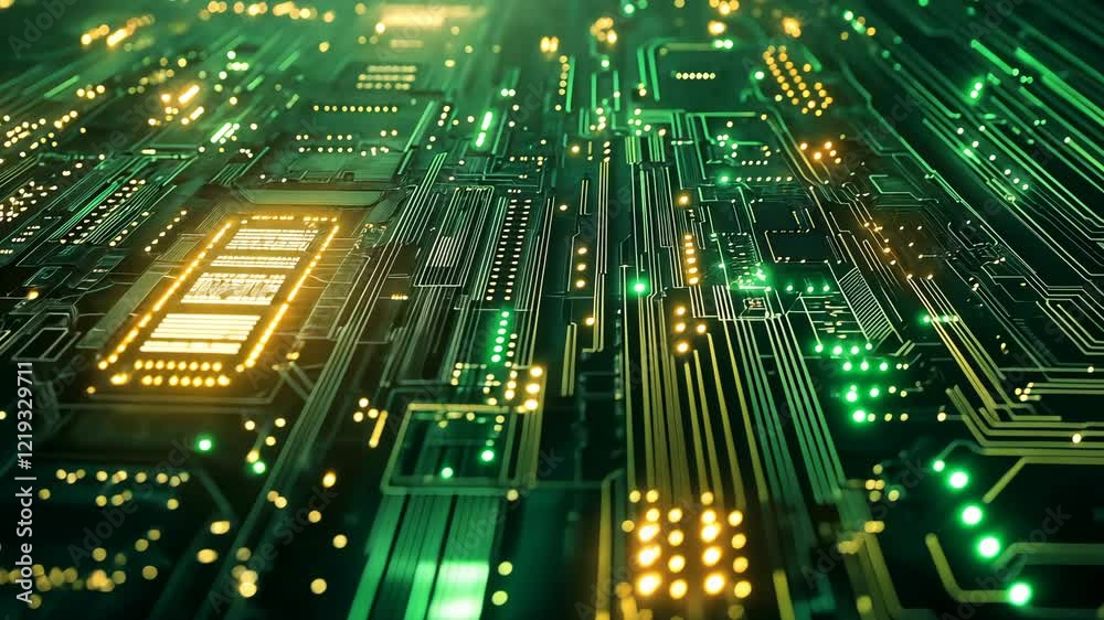 Poster Step into a digital world where vibrant green and glowing orange circuits converge in a stunning display of technology. Experience the mesmerizing dance of light and circuitry. 
