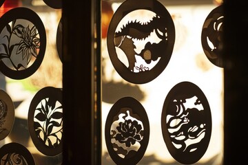 Paper-Cut Artwork Display A window adorned with intricate paper-cut designs of flowers, dragons, and Chinese characters, the sunlight illuminating each designâ€™s delicate edges.