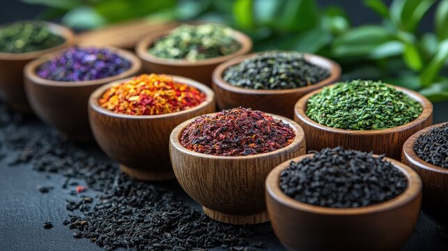 Aromatic Tea Collection: Diverse Flavors in Wooden Bowls