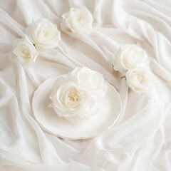 Obraz premium A striking display of white roses on a minimalist plate evokes beauty, purity, and artistic elegance.