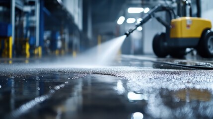 Pressure washer deep cleaning a factory floor, the concrete surface transforming under the intense water spray