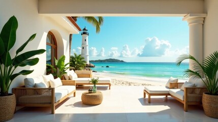 Fototapeta premium Serene coastal patio with ocean view and lighthouse backdrop, featuring comfortable woven furniture and lush tropical plants