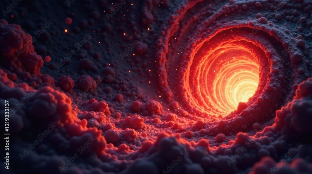 Poster a fiery vortex swirls within a nebula of incandescent particles, a cosmic tunnel of burning energy a