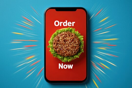 A smartphone displaying a burger with the text "Order Now" on a vibrant blue background, promoting food delivery.