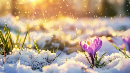 A Single Crocus Flower Emerging from Snow