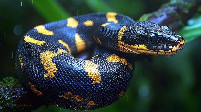 Stunning Black and Yellow Python in the Rainforest