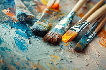 Fototapeta premium Close-up of artist's paintbrushes resting on a colorful textured palette in a creative workspace