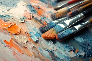 Fototapeta premium Close-up of artist's paintbrushes resting on a colorful textured palette in a creative workspace