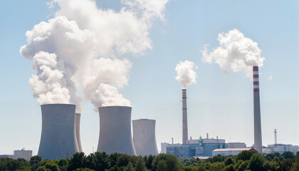Power plant chimneys emitting smoke against clear sky, ecological concerns