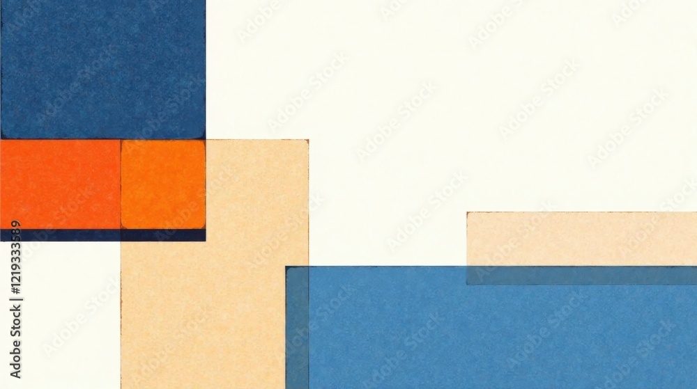 Poster abstract composition featuring overlapping rectangles in earthy tones and shades of blue