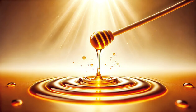 A honey dipper drizzling golden honey onto a smooth surface, glowing under warm sunlight.