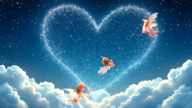 enchanting Valentine's Day scene unfolds with playful Cupids flitting through a starry night sky