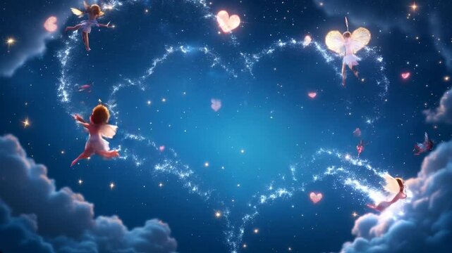 enchanting Valentine's Day scene unfolds with playful Cupids flitting through a starry night sky
