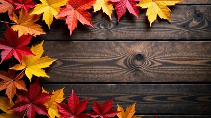 Obraz premium Autumnal Foliage Arranged on Dark Wooden Planks Creates a Seasonal Background Perfect for Fall-Themed Designs and Projects