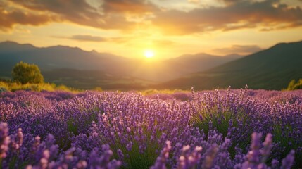 Fototapeta premium Sunset Serenity: Lavender Fields and Mountain Vista