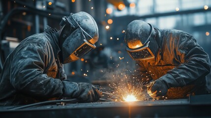 Two industrial welders in protective gear working on a metal structure with sparks flying