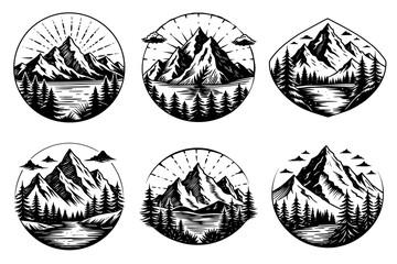 Monochrome Logo Badge Templates with Mountains and Outdoor Adventure Theme.