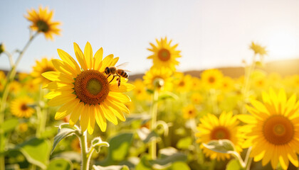 Fototapeta premium Bee pollinating sunflower in field at sunset, ecological awareness