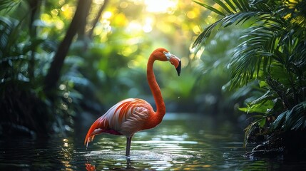Fototapeta premium Serene Flamingo in Lush Tropical Paradise