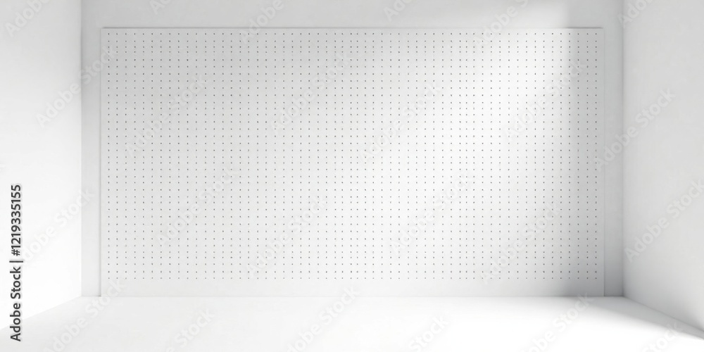 Poster minimalist white room with perforated panel wall featuring regular pattern