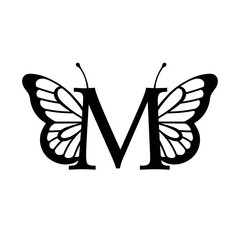 Vector design with split letter M with butterfly wings. Modern typography with nature-inspired elegance