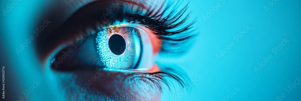 Poster close up of a woman's eye with a futuristic digital display projected onto her iris and pupil, highl
