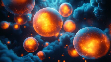 Fiery orbs swirl in smoky space; digital art