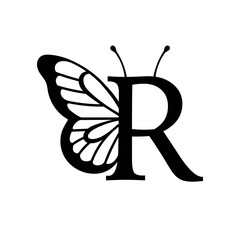 Vector design with split letter R with butterfly wings. Modern typography with nature-inspired elegance
