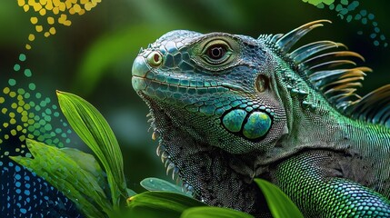 Fototapeta premium Magnificent Green Iguana in Lush Tropical Foliage