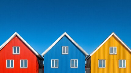 Three colorful houses against a blue sky.