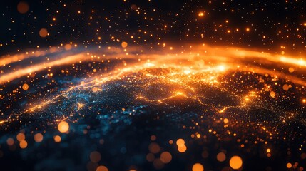 Naklejka premium A digital world map rendered in glowing blue and red tones,