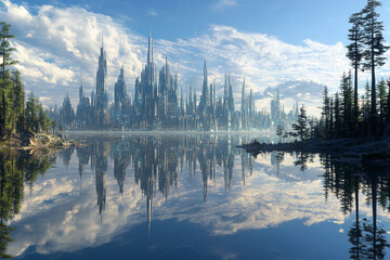 Obraz premium City skyline reflects in calm lake surrounded by trees during sunset with vibrant clouds and soft glow