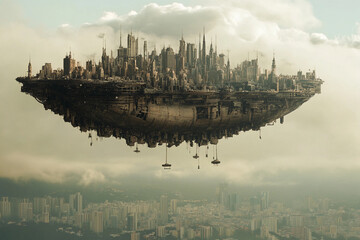 Naklejka premium Floating industrial city above a modern skyline during golden hour