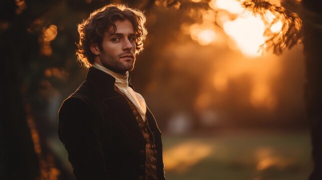 Historical gentleman posing at sunset in a park