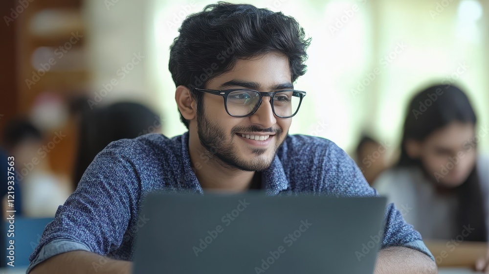 Poster young indian latin happy smiling student programmer developer at desk working using pc laptop comput