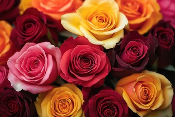 Fototapeta premium Closeup view of bouquet of colorful roses. Roses in various shades of red pink orange, yellow. Colorful rose bouquet great for gift decoration. Floral background perfect for various design projects.
