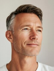 Obraz premium Portrait of confident mature man looking up with hope and contemplation