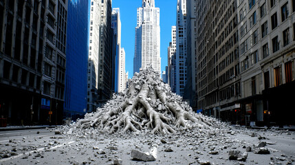 Urban transformation shows massive roots emerging from concrete in a bustling cityscape under clear blue skies