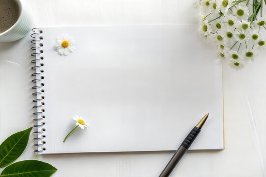 Blank spiral notebook with flowers and coffee cup for creative planning