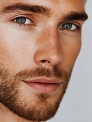 Obraz premium Close up portrait of confident male model showing perfect skin and beard