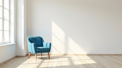 Sunlight illuminates a minimalist room featuring a vibrant blue armchair positioned near a bright window, creating a serene and inviting atmosphere.