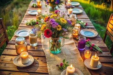 Rustic Burlap Wedding Table Aerial View: Elegant Country Chic Decor