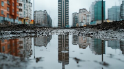 Dramatic reflection of a modern skyline in a muddy puddle amidst barren urban terrain under a cloudy sky